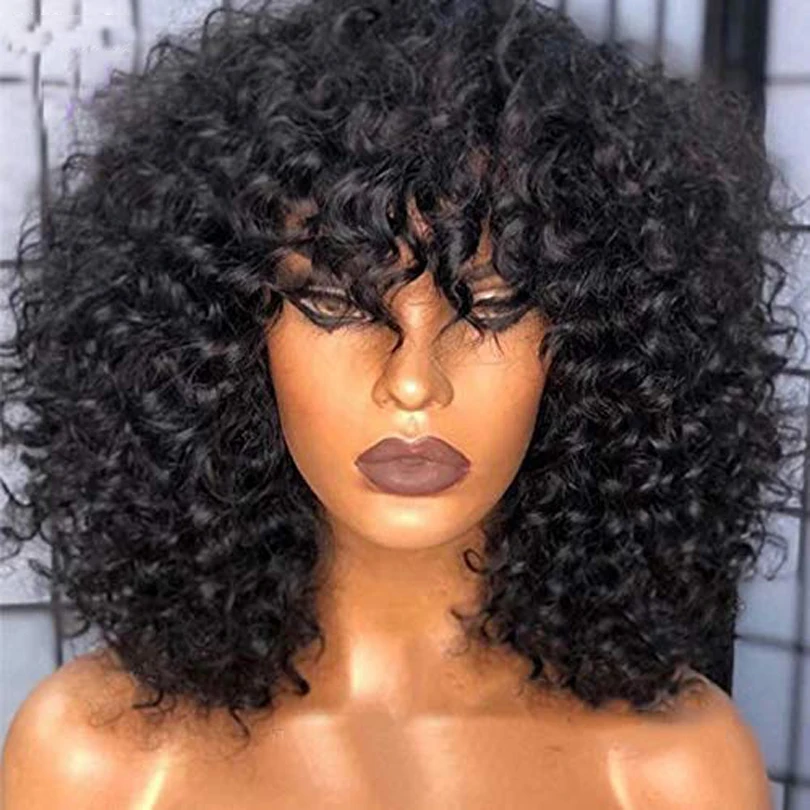 

250 Density Scalp Top Curly Full Machine Made Human Hair Wigs with Bangs Brazilian Short Curly Wig For Women Black Brown Color
