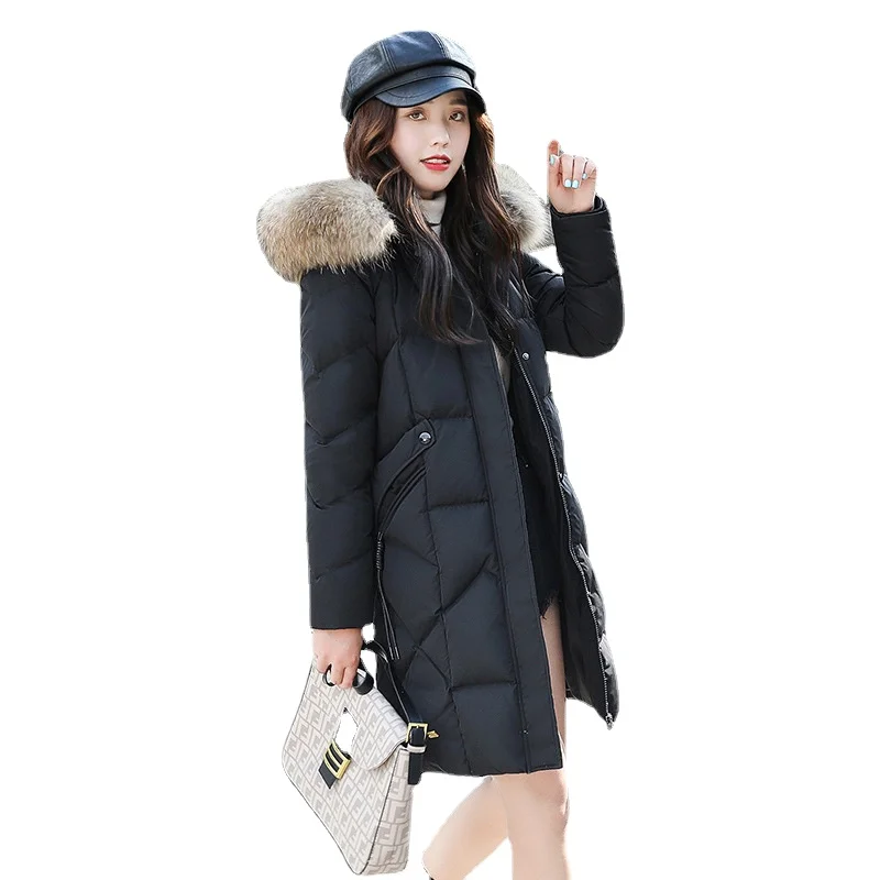 Женский пуховик средней длины повседневный толстый с капюшоном и воротником из