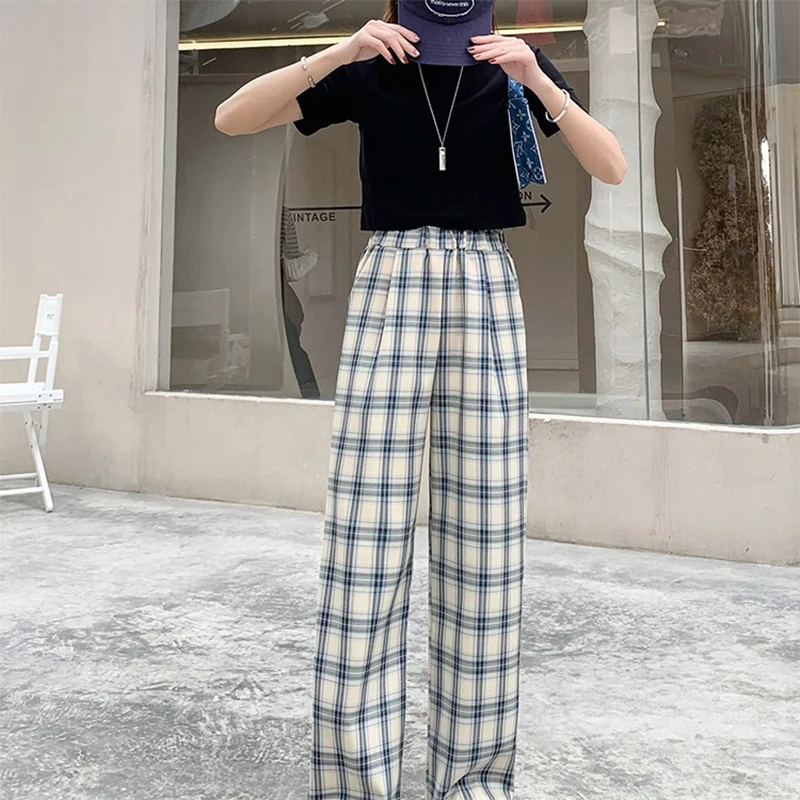 

Брюки женские тонкие с завышенной талией, Элегантные Свободные повседневные драпированные штаны в синюю клетку, с широкими штанинами, весн...