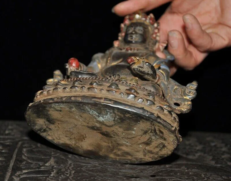 

wedding decoration 6" Old Tibet Temple Bronze Painted Yellow Jambhala King Mammon god Buddha Statue