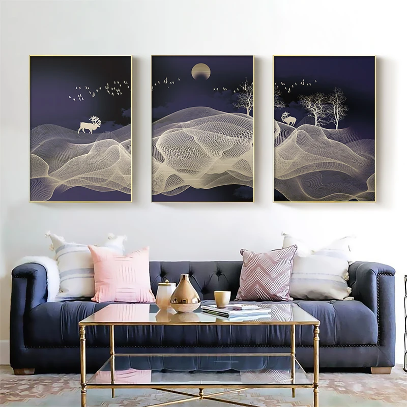 

Nordic Abstract Landscape Poster Moon Deer Wall Art Picture Canvas Painting Print For Living Room Bedroom Modern Home Decor