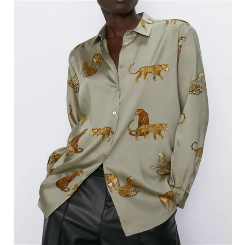 Рубашка женская с животным принтом винтажная Свободная блузка отложным