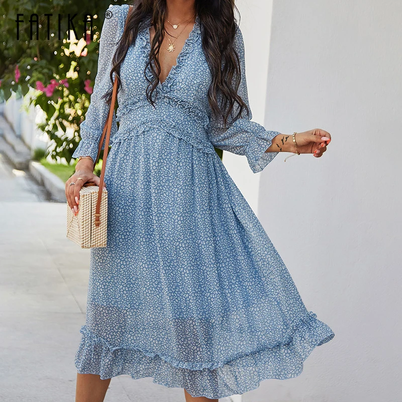 

Женское шифоновое платье Fatika, с цветочным принтом, глубоким V-образным вырезом, широким рукавом и оборками, весна-лето, 2021