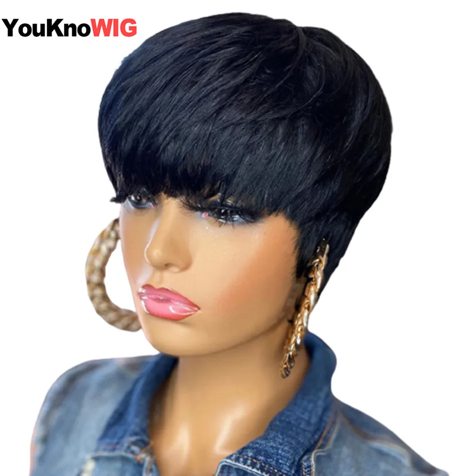 Короткий парик фея человеческие волосы прямые Remy бразильские для черных женщин