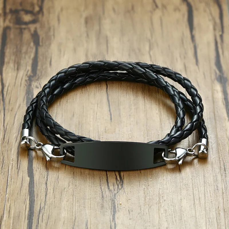 

QWC VNN12 stainless steel bangle manbracelet arrival black leather most popular bracelet man single steel material 21cm length