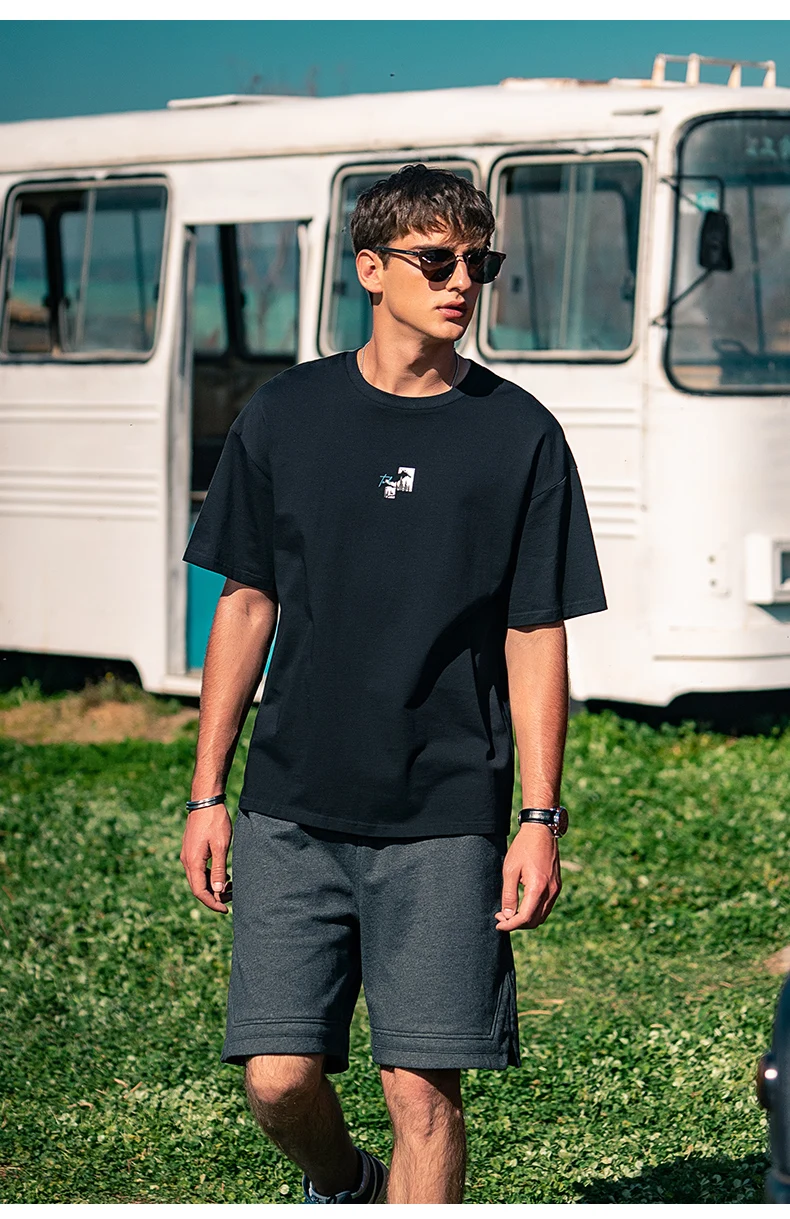 

Мужская одежда из плотного хлопка 2671, модная рубашка с принтом пейзажа и рукавом до локтя, Молодежная свободная футболка с коротким рукавом