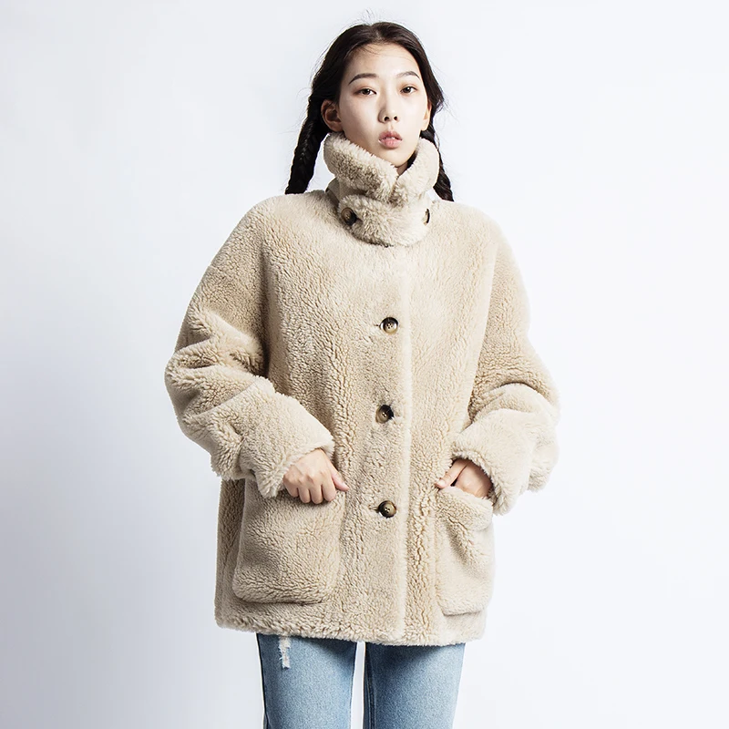 

Real Shearling Lamb Wool with Faux Suede Leather Liner 2020 new sheep Fur winter Coat Women plus size