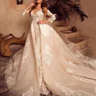 Свадебное платье-русалка, украшенное бисером, со съемным шлейфом, прозрачное, с вырезом лодочкой, длинными рукавами, размера плюс