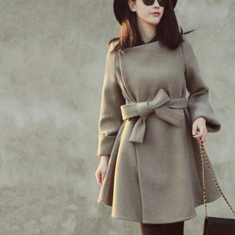 Женское шерстяное пальто 2020 новое осеннее и зимнее с галстуком бабочкой толстое