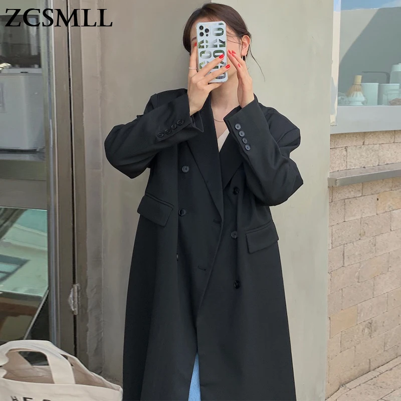 

ZCSMLL темпераментный костюм-Тренч с воротником, двубортная свободная черная ветровка с длинным рукавом, корейское осеннее пальто для женщин