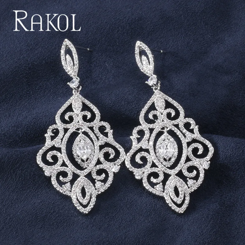 RAKOL Роскошные кубический цирконий, геометрической формы полный Мирко Асфальтовая Длинные Висячие серьги для элегантных дам Для женщин Свадебные украшения RE21866 - Окраска металла: white