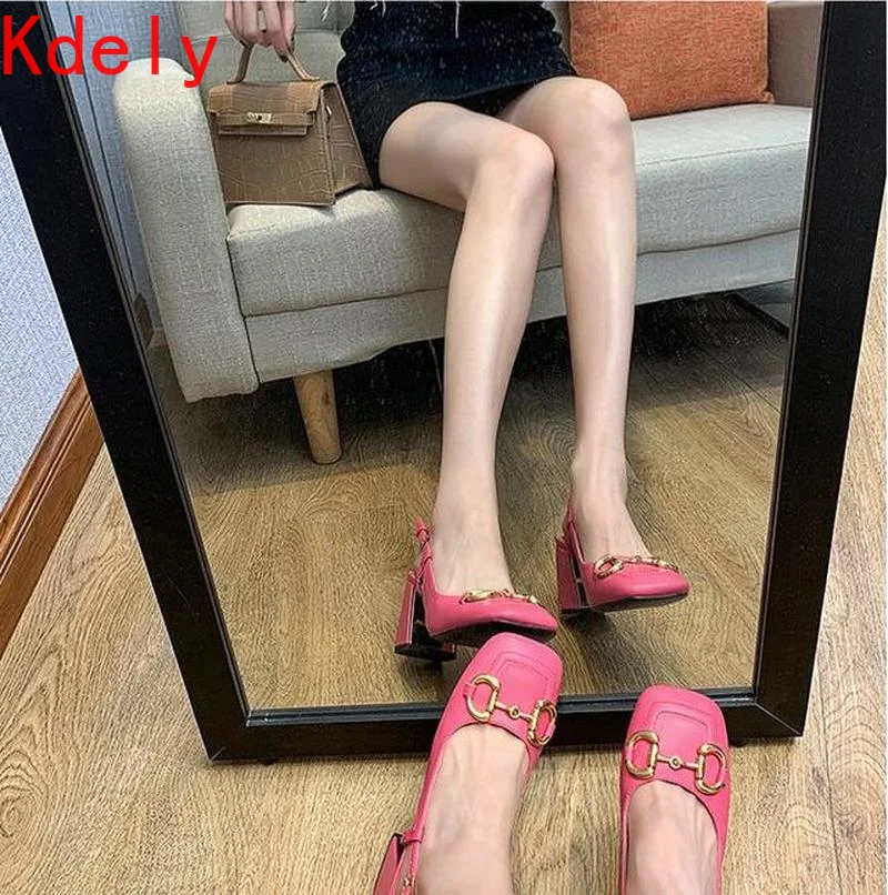 Women's Sandals Shoes 2021 New One-word Buckle High Heels Women's Square Toe Thick Heel Single Shoes Height Women Shoes