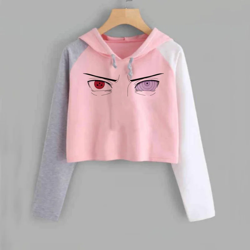 Harajuku аниме толстовки для женщин Наруто укороченная Толстовка Uchiha Uzumaki Hatake Eyes пуловер с рисунком толстовка хип хоп Уличная - Цвет: 24
