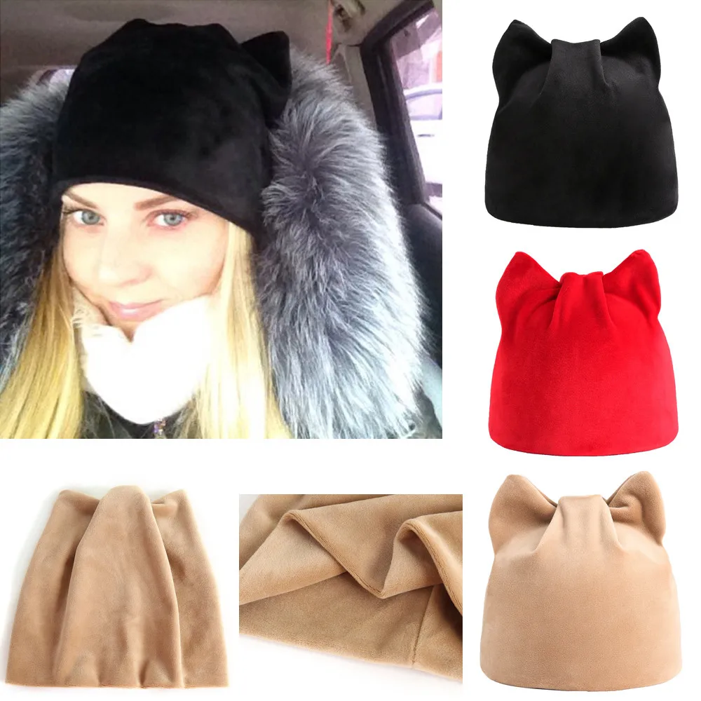 Модная осенне зимняя шапка бини русские шапки Теплые в виде кошки Женский