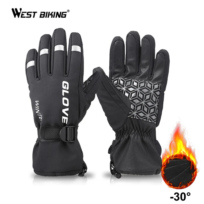 WEST BIKING, зимние перчатки для мужчин, водонепроницаемые, для велоспорта, морозостойкие, теплые, пушистые, перчатки, полный сенсорный экран, лыжные, мотоциклетные, велосипедные перчатки