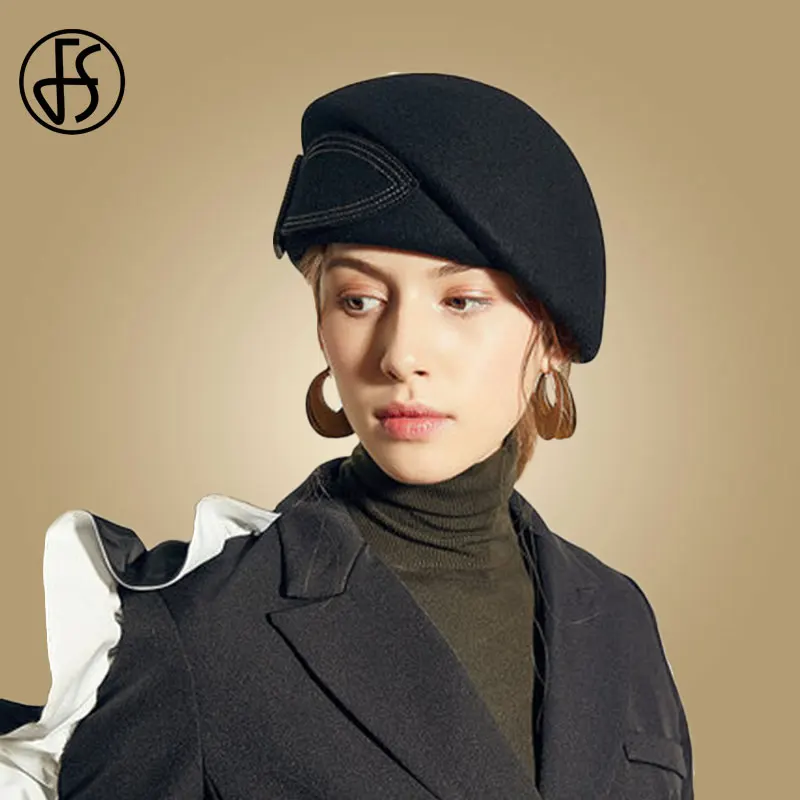 Black Wool Fedoras FS Для женщин с широкими полями шерстяная фетровую красные, черные фетровая шляпка шерстяная Шапки с плоским верхом Женская шляпка-берет фетровые модные вечерние церкви Повседневное шапки - Цвет: Black Wool Fedoras