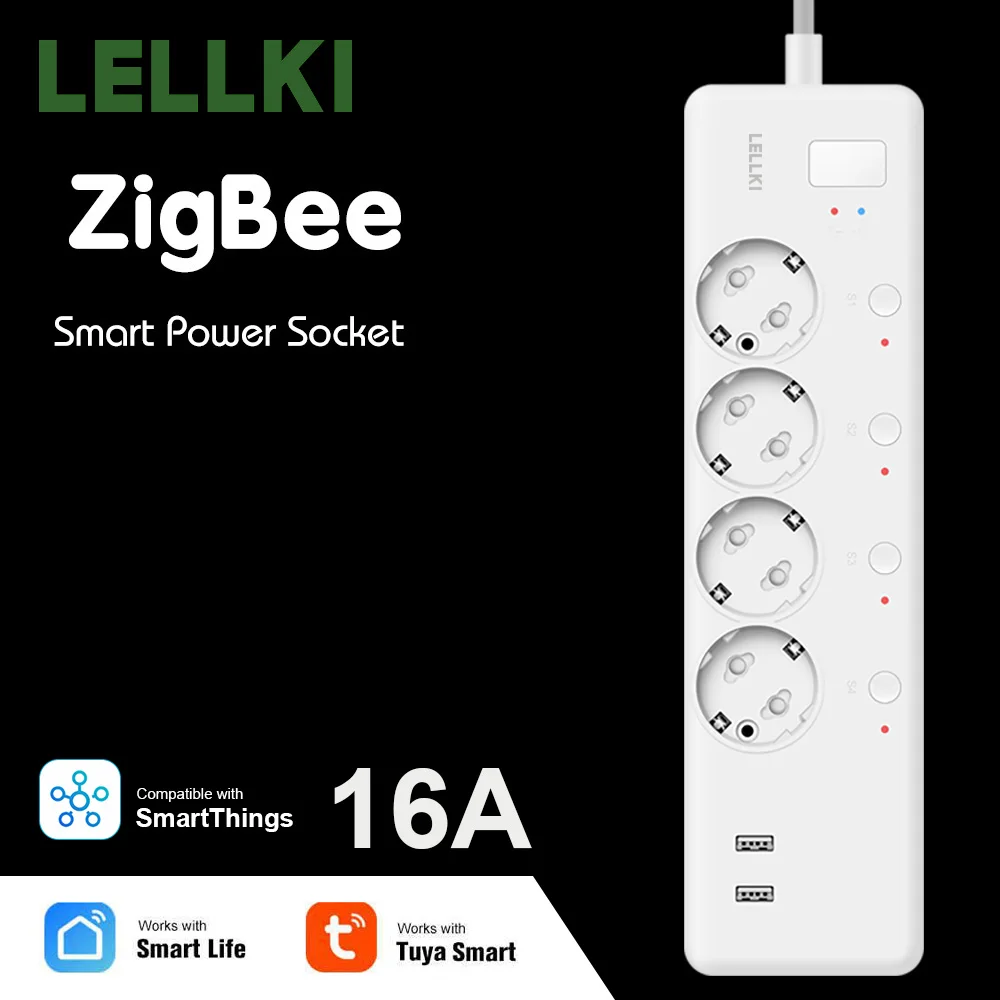 LELLKI Zigbee Usb Power Strip Plug Tuya Smart Life Home With Timer EU 16A Electrical Socket Extension Cord Alexa SmartThings |