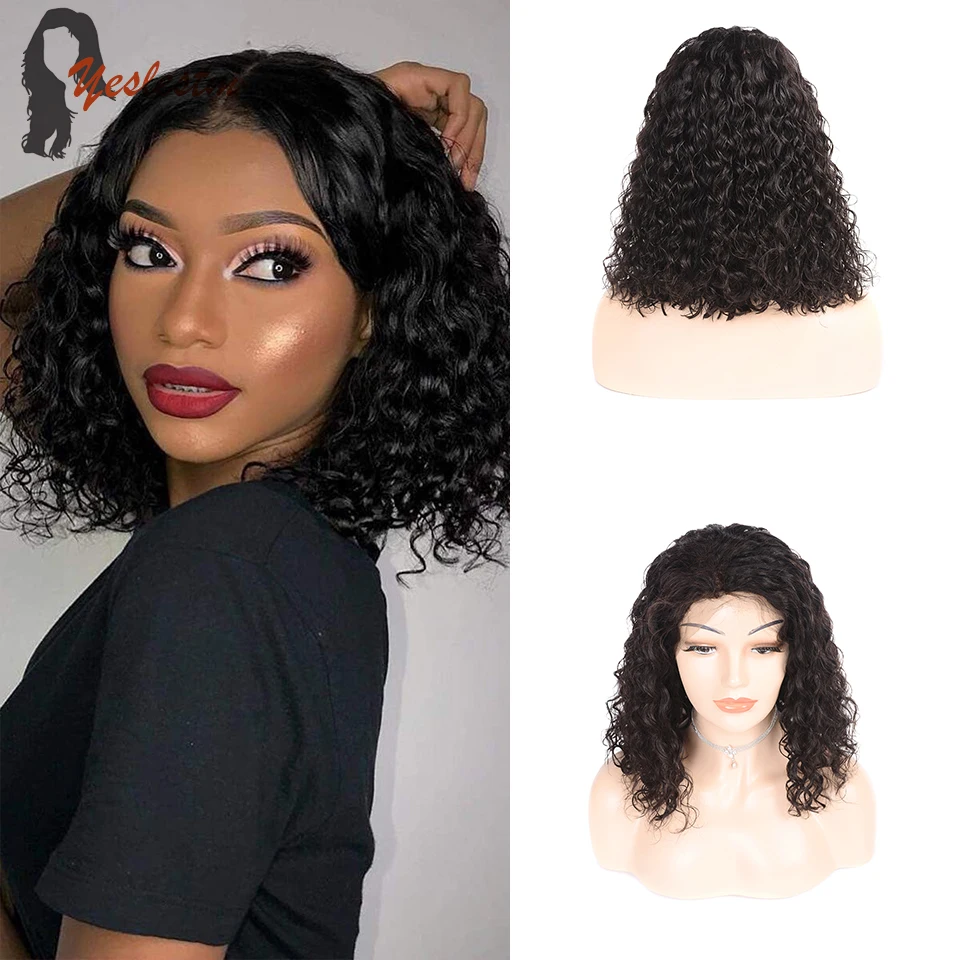 

Yeslestm 12 14 Inch Short Bob Water Wave 4X4 Closure Wigs Human Hair Brazilian 13X1 4x1 Lace Front Wigs For Women Nature Color