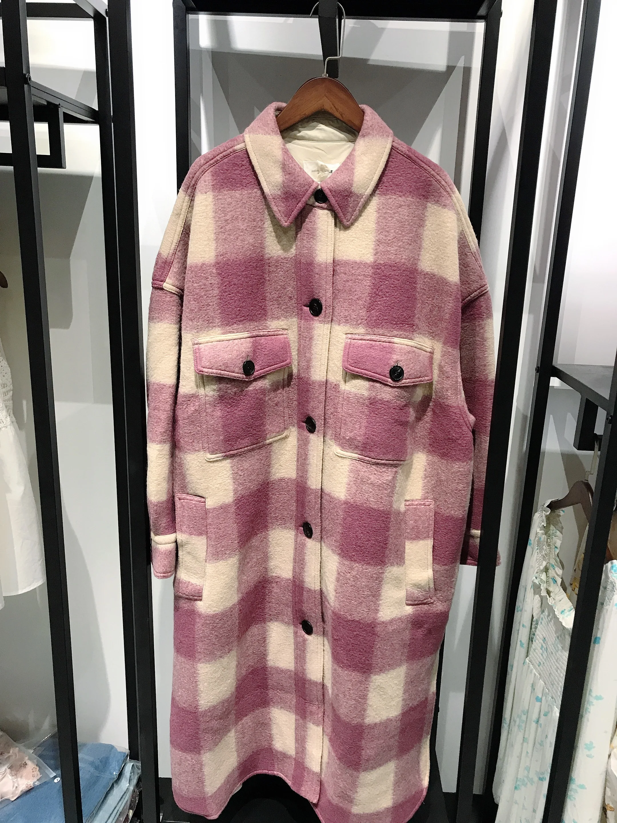 

Women's Coat and Outwear Woolen Plaid Turn-down Collar Embroidery Logo Loose Long Sleeve Single Breasted Slit Ladies Jacket