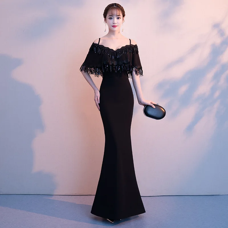 

Black Ruffled Collar Sweet Tassel Women Satin Dresses Slim Ruffled Mermaid Skirt Elegant Birthday Banquet Formal Prom Gown