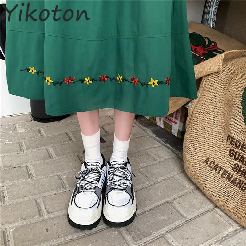 

S2021 Summer Women Embroidery Fashion Loose Long Skirts Casual Korean Style Elegant High Waist A-line Female Soild Blue Skirt