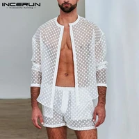 incerun men pajamas sets mesh see through polka dot print homewear long sleeve tops shorts breathable sexy men pyjamas suits 7