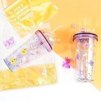 420ml crystal bear straw cup water cup double layer plastic cup creative handy cup color sequins tumbler with straw drinkware