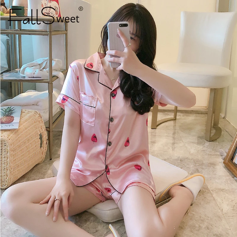 Женская шелковая атласная пижама FallSweet с короткими рукавами и отворотом