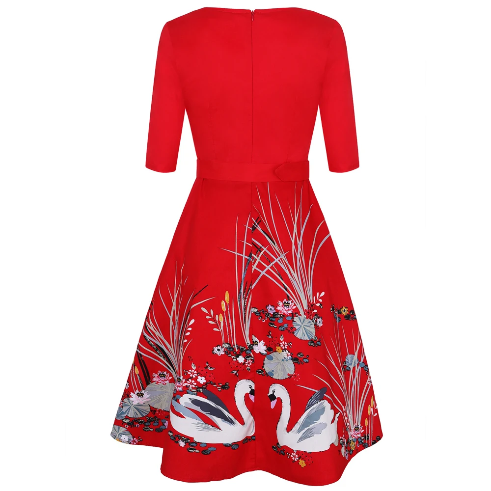 

2021 Spring New Women's Dress V Collar Mandarin Duck Print Retro Ancient Ways Big Put Bouffant Skirt Temperament Clothes