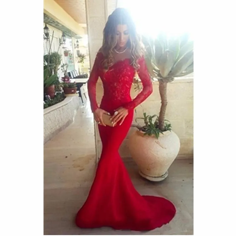 

Long Sleeve Lace Prom Dress Elegant Red Mermaid Prom Gown Dresses for Party 2023 Vestido De Festa MB3171