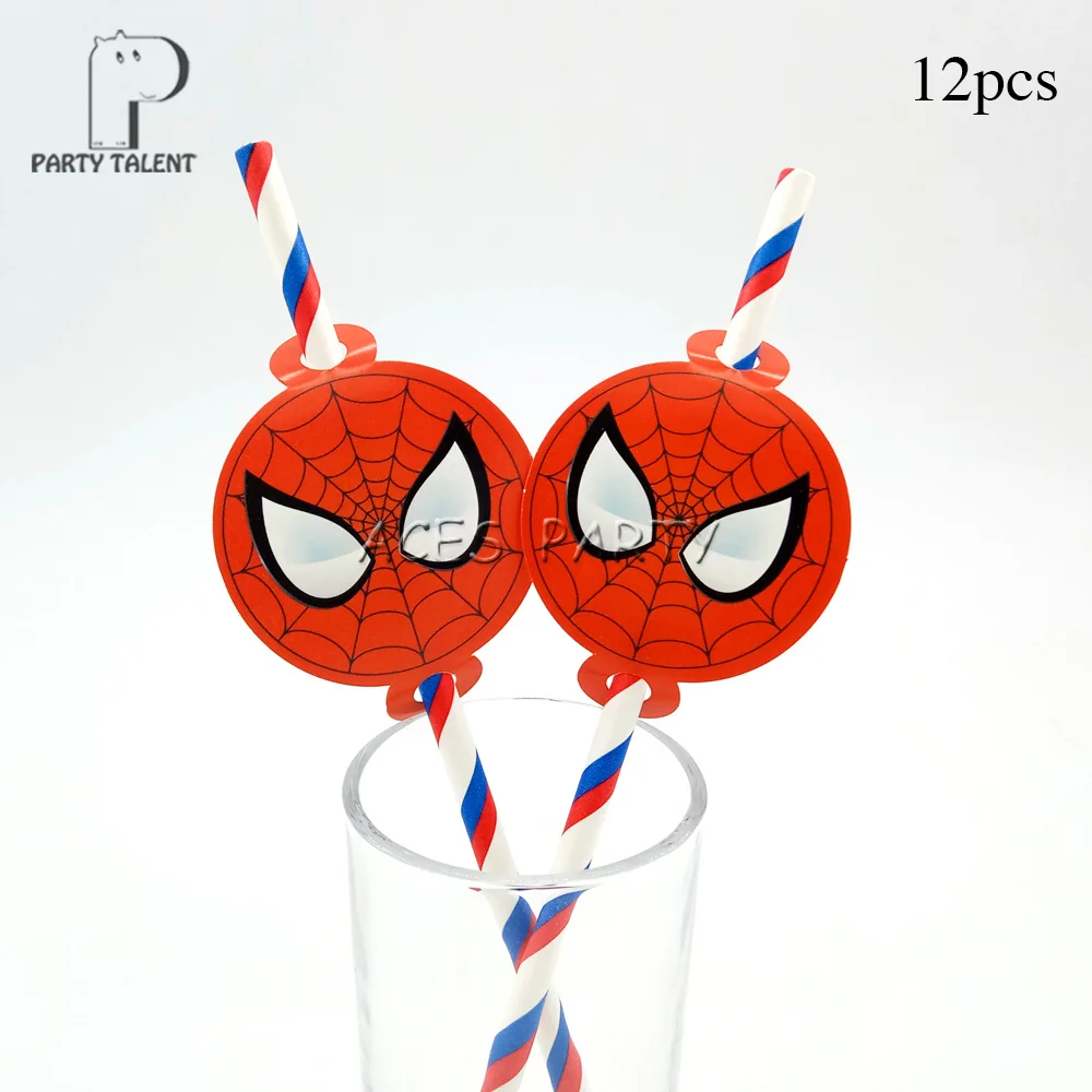 12pcs straws Мальчики дети супер герой на тему Человека-паука посуда для вечеринки в честь Дня Рождения шар конфеты коробка флаг тарелка чашка соломы кисточкой вечерние принадлежности - Цвет: 12pcs straws