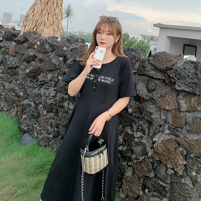 Платье летнее новое для полных женщин большого размера в стиле преппи с английской надписью "Лучшее подружка" и определенной талией 7063.