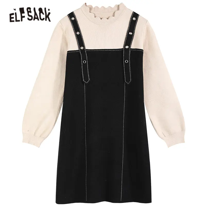 

ELFSACK Solid High Waist Knit Casual Overall Dress Women,2020 Autumn ELF Vintage Lantern Sleeve Korean Female 2-IN-1 Dresses