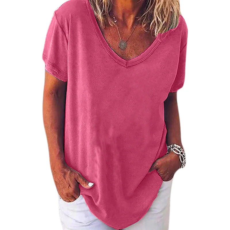 

S-5XL Solid T Shirt Women White Tops Tees Summer Fashion 2020 t Shirt Loose Ladies Top Casual Women Clothing V neck t Shirt #w