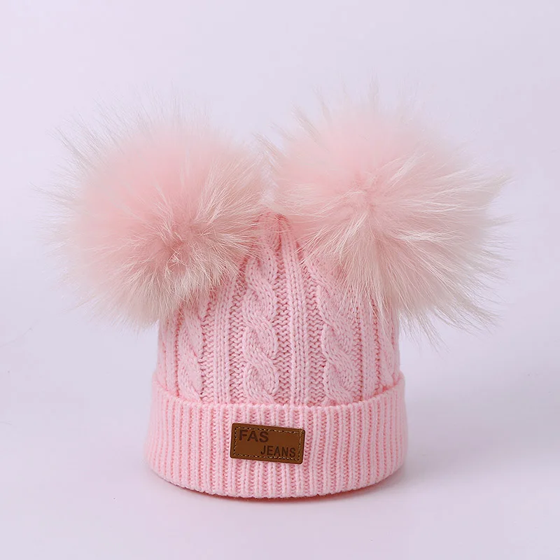 Милая Детская Зимняя Шапка бини с натуральным цветным меховым помпоном уличные