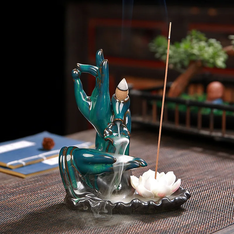 Горелка для благовоний керамическая ручка Будды лотос водопад курильница с