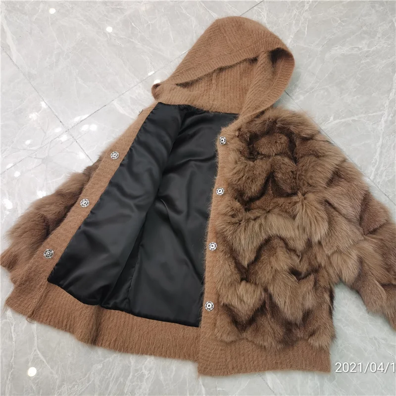 2023 New Fur Women Coat With Hood High Waist Fashion Slim Real Fur Jacket Natural Fox Fur Coats