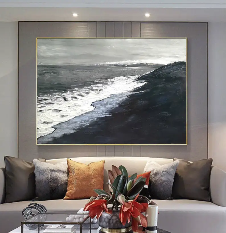 

Большая картина для океана, черно-белая пляжная Настенная картина, Пляжная картина, морской пейзаж, пейзаж на холсте, береговая Настенная ка...