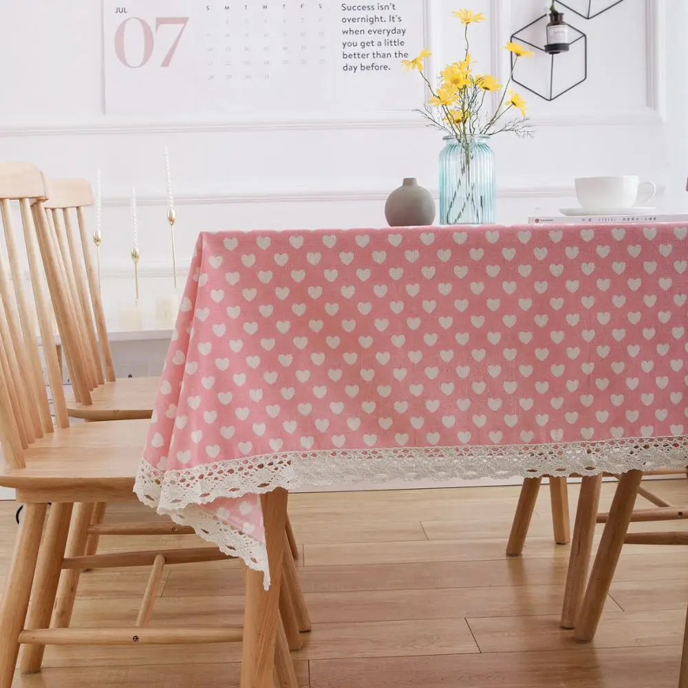 

Pink Sweet Heart Printed Table Cloth With Lace Border For Kitchen Dining Home Decor Rectangular Linen Decorative Tablecloth