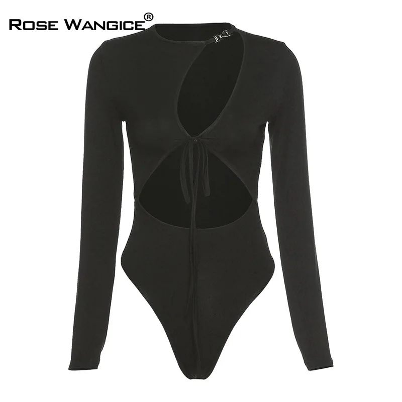 

Solid Color Hollow - Out Tie Up Jumpsuit Sexy T-Shirt Black Tight Beach Party Elegant 2021 NEW Women Clothing Summer Long Sleeve