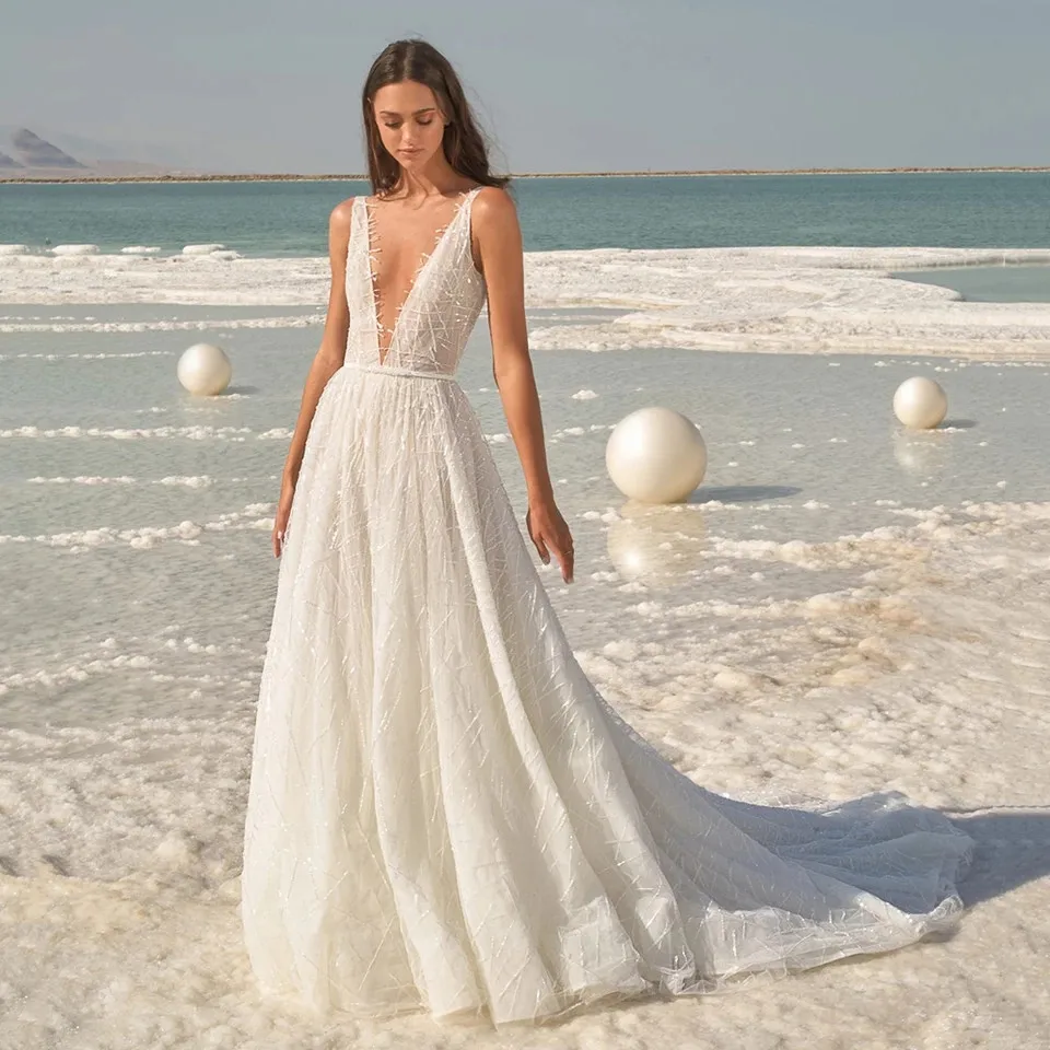 

Glitter Lace Beach Wedding Dresses Simple Deep V-Neck A-Line Bridal Gowns Belt Sleeveless Floor Lengt Tulle Pleat Robe De Mariee
