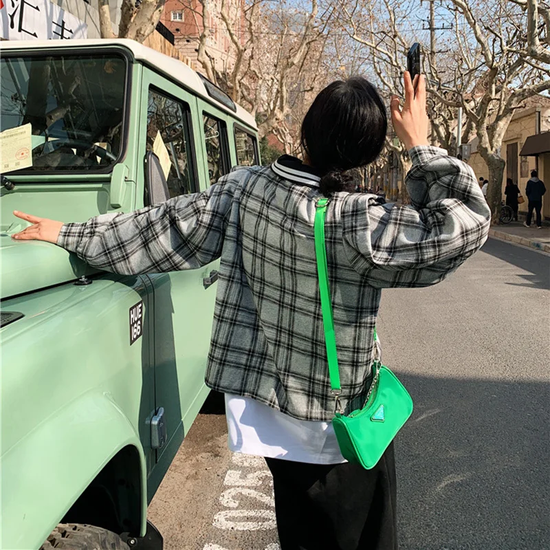 

LANMREM Women's Top Gray Black Plaid Lapel Long-sleeved Loose Casual All-match Shirt Fashion Trend 2021 Spring Autumn 2E1181