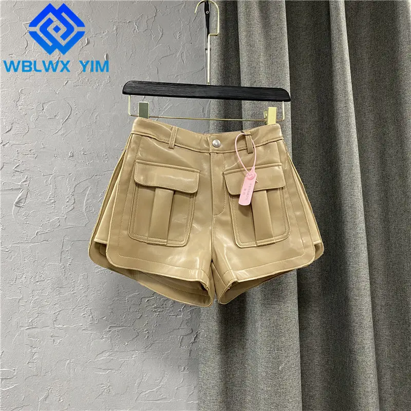 

Шорты женские из экокожи с большими карманами, модные широкие штаны с завышенной талией, повседневные свободные байкерские короткие брюки, ...