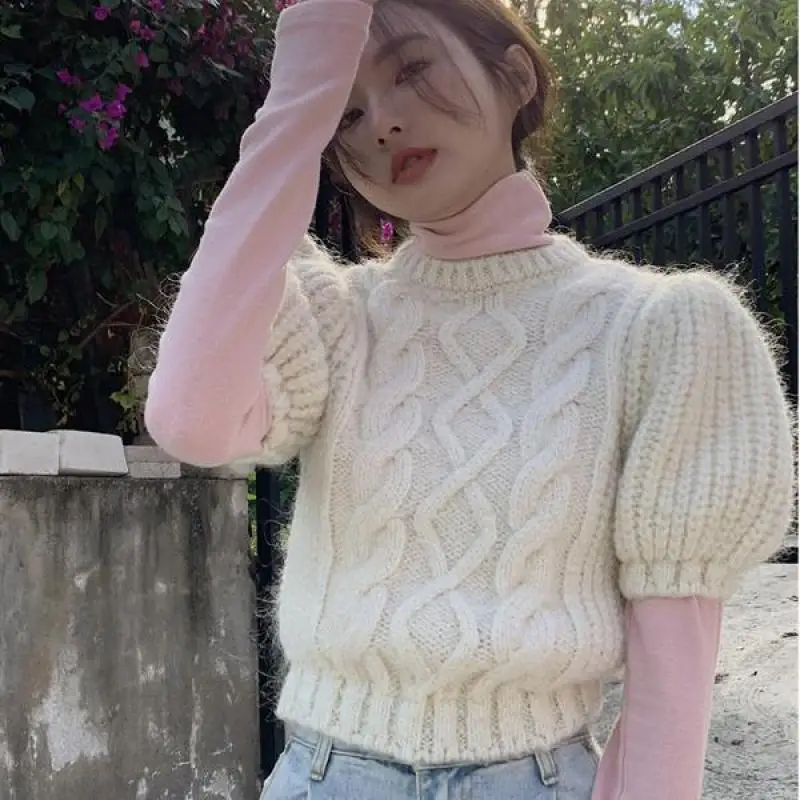 

Autumn Winter Sweaters Women Solid Puff Sleeve Office Ladies Pullovers Fashion Short Sleeve Elegant Knitted Soft Female Tops