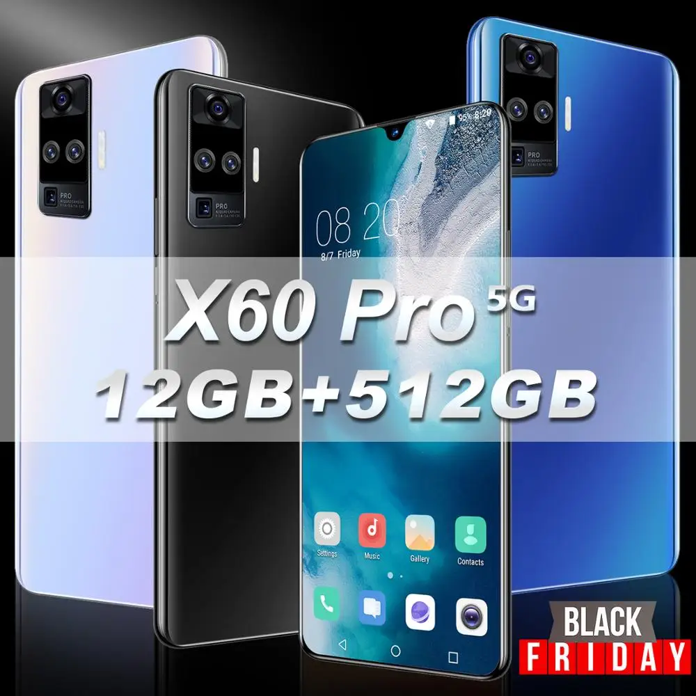 

New 6.6" X60 Pro Snapdragon 865 Rear Quad Camera 32MP Selfie Smartphone 12GB+512GB 5000mAh Android 10.0 5G LTE Cell Mobile Phone