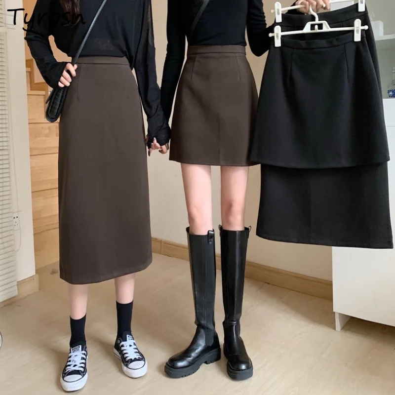 

Woolen Skirts Women Retro Design Zipper Back-slit Midi Skirt Sexy All-match Ulzzang Empire A-line Faldas Largas Mujer Elegant