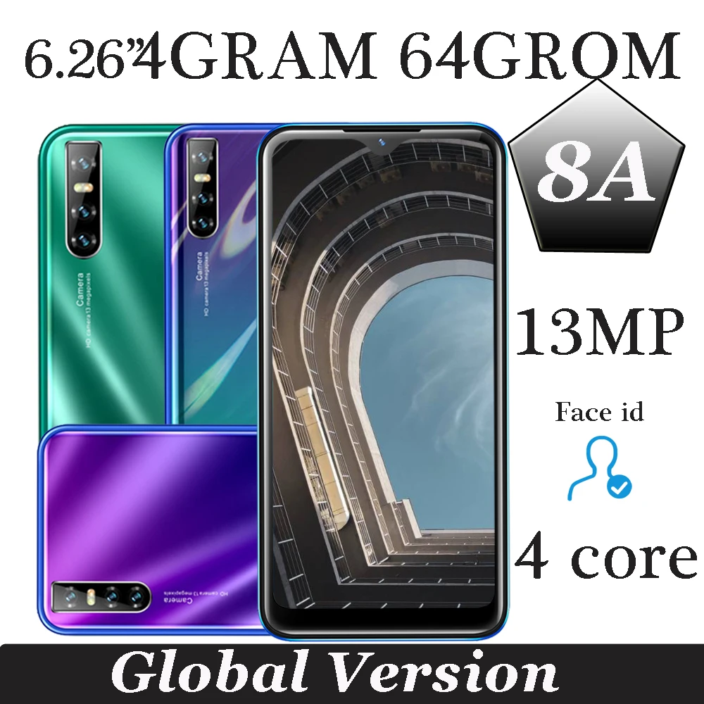 Смартфон Water drop 64 Гб ПЗУ 8A Android четырехъядерный IPS камера 13 МП HD 6 26 дюйма 19:9 4 ОЗУ