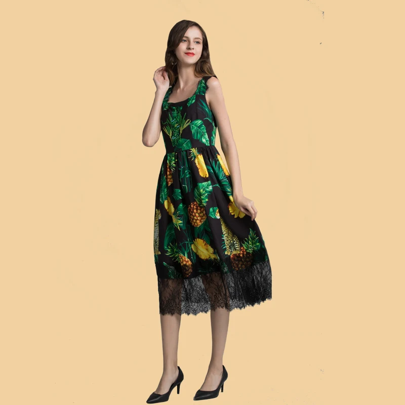 Женское дизайнерское праздничное платье миди на бретельках с принтом зеленых