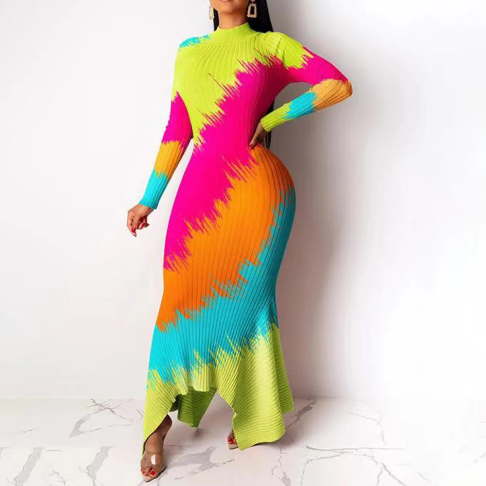 Женское Модное Длинное Платье Африканское дизайнерское Радужное осеннее платье