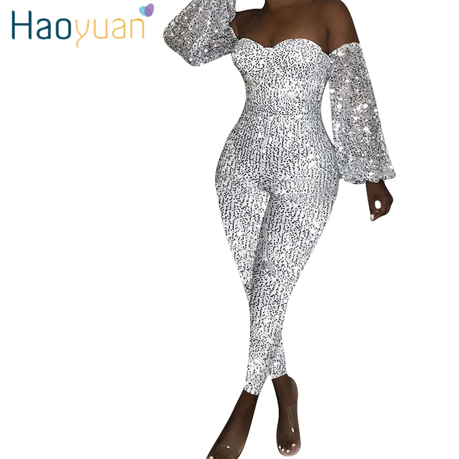 HAOYUAN Sexy Sequin Jumpsuit Women Off Shoulder Lantern Sleeve Overalls Romper One Piece Outfit Streetwear Rave Bodycon Jumpsuit